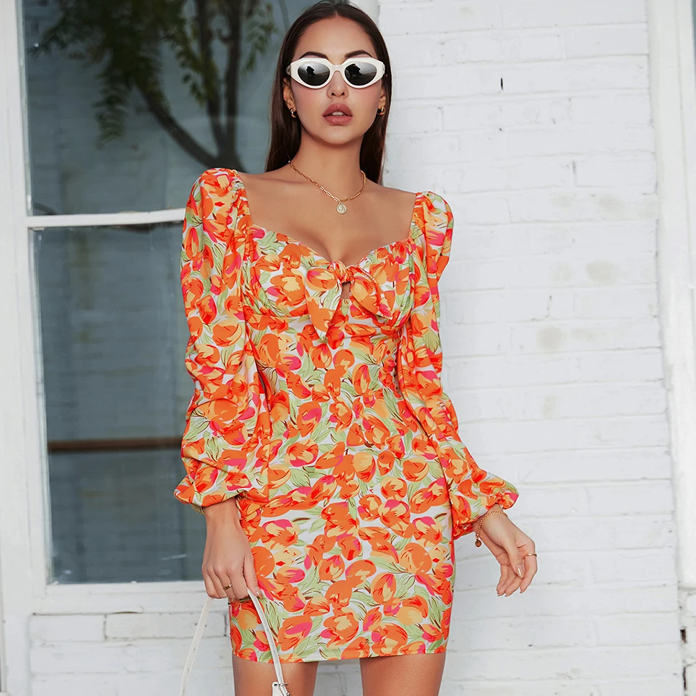 

Weixin Women Summer Casual Dress Lantern Sleeve Tie Front Ruched Floral Bodycon Dress