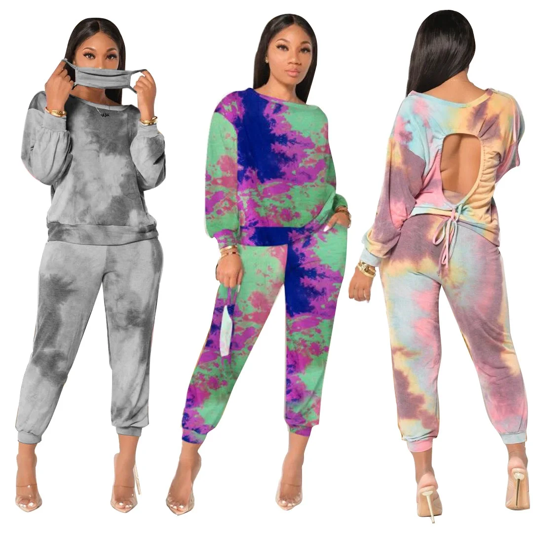 

2021 Autumn new arrival plus size women's clothing set hoodie tie-dye trouser ladies' print 2 pcs outfits, 3 color as picture