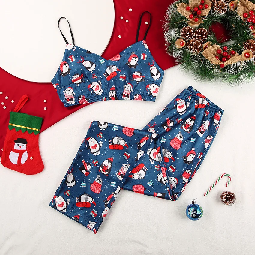 

Custom wholesale Christmas gift holiday printed pajams 2 pcs pants satin silk Christmas pajamas