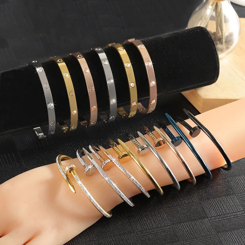 

Luxury Stainless Steel Cuff Bangle Women Fashion Rose Gold Nail shape Zircon cz Charm Bracelet
