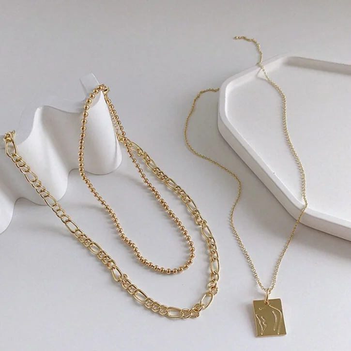 

Fashion ladies long chain alloy pendant gift necklace set multilayer female necklace, Silver,gold