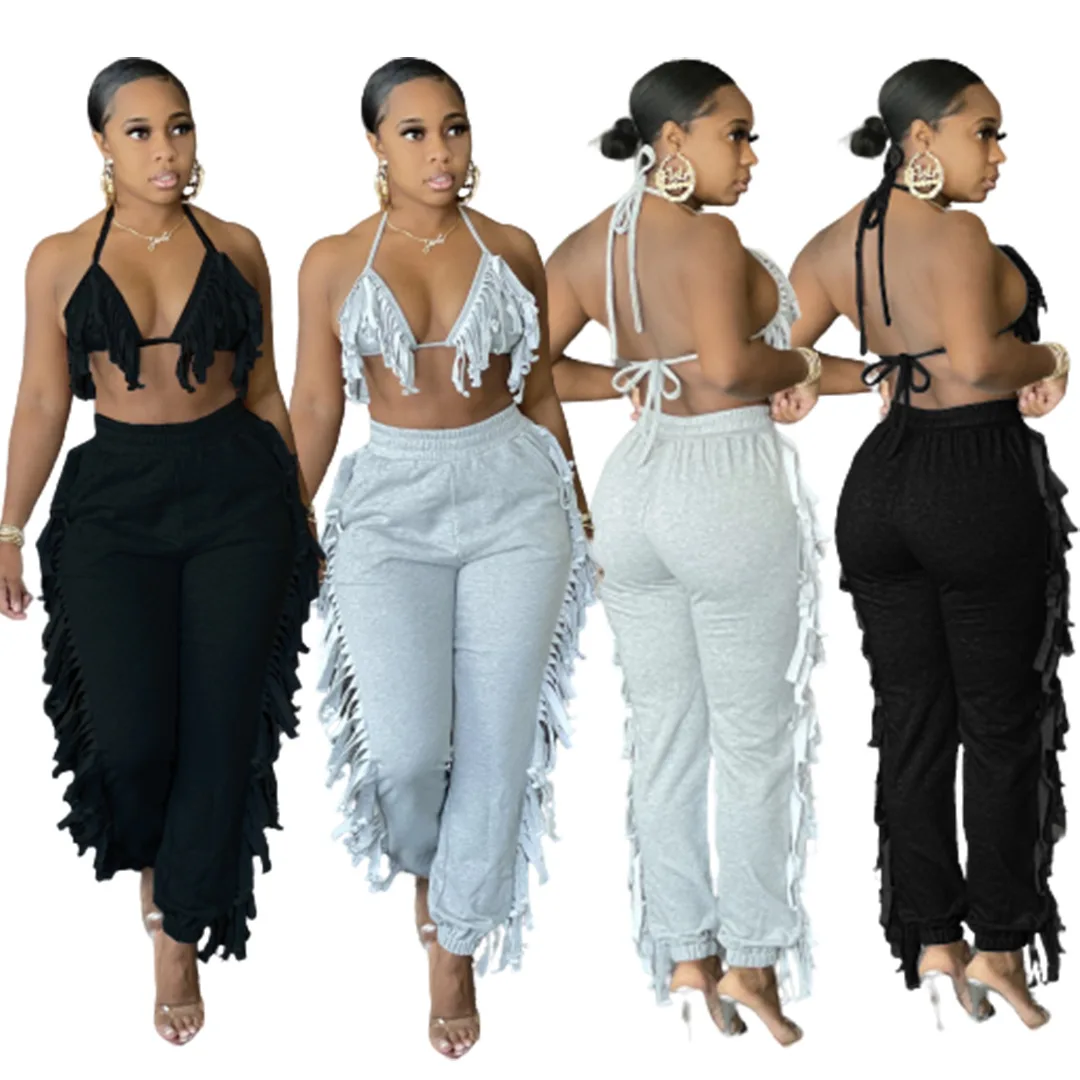 

2021 Summer new women's solid colors bikini track pants ruffled 2 piece set