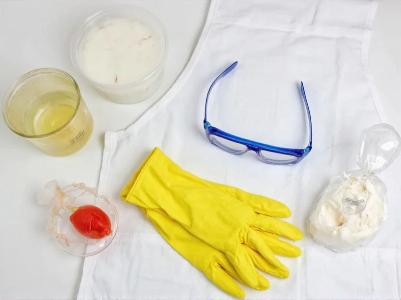 Safety gear for soap making: gloves, goggles, and apron