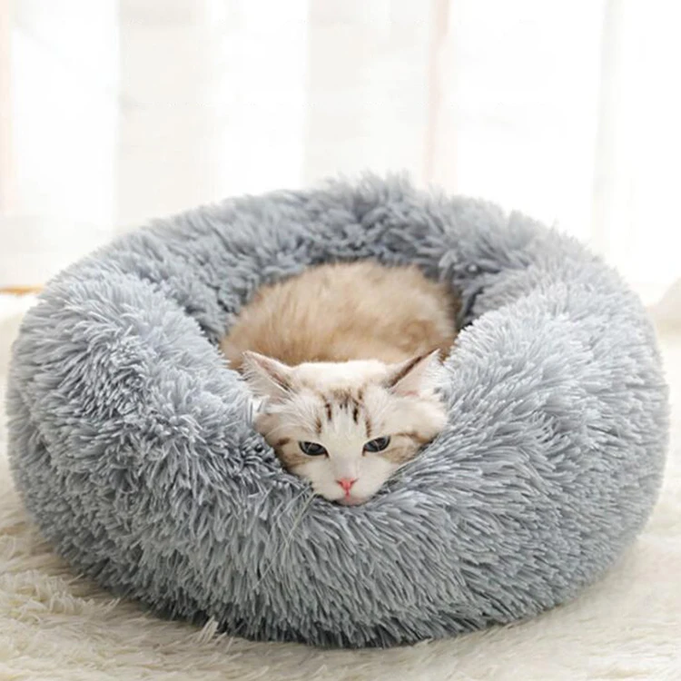

Wholesale Soft Round Fur Fluffy Donut Dog Kennel Comfy Winter Warm Sleeping Washable Plush Pet Cat Bed, Customized color