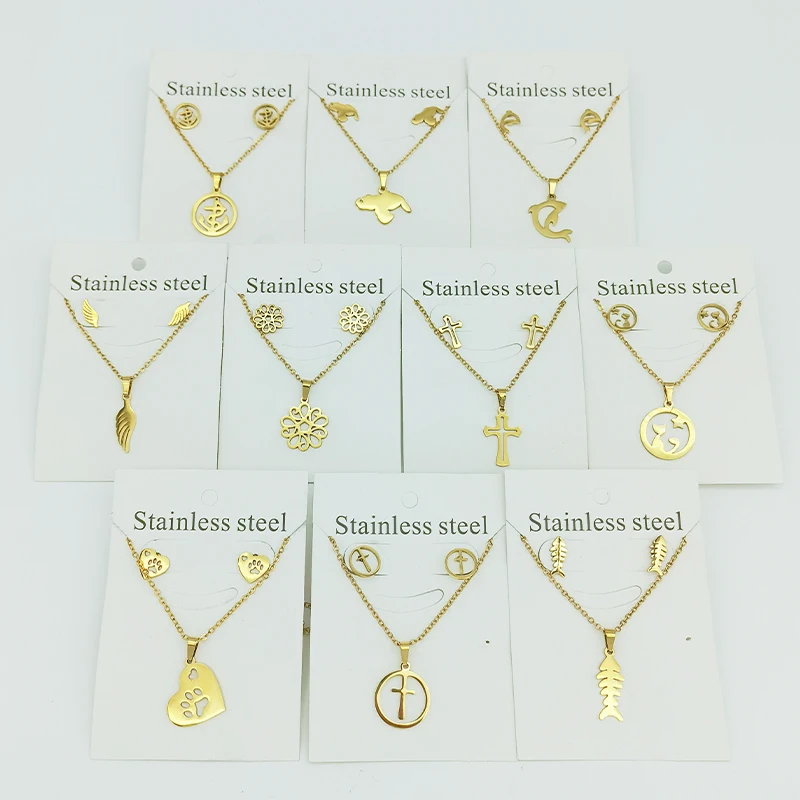 

High-End Cheap Brand Dubai Gold Plated Stainless Steel Pendant Necklace Earrings Jewelry Set For Women, Picture shows