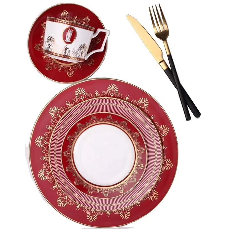 

High quality red gold pattern ceramic Wedding plate set bone china dinner sets for banquet