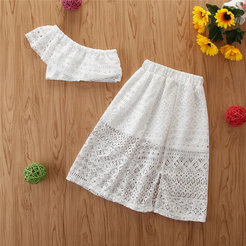 

B52963A Hot selling fashion little girls summer new fancy lace skirt set, White