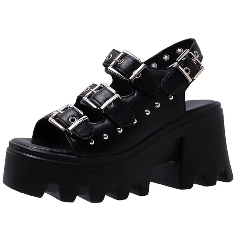 

Dropshipping Custom Logo Gothic Buckle Women's Platform Sandals Summer Trendy Wedge Sandals Shoes