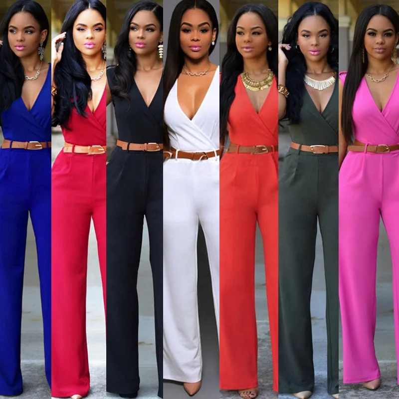 

M0327 Zoom Life summer new arrival soild jumpsuit for lady v neck sleeveless jumpsuit