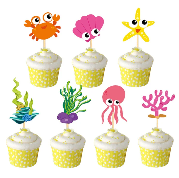 

7-piece set of ocean theme cup cake topper decoration props for children's birthday party cup cake topper