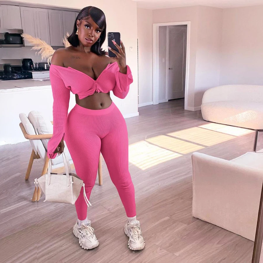 

2021 MIYU New Arrivals Fall Sets Women Ribbed Ladies Two Piece Set Off Shoulder Sexy Crop Top And Long Pants Women Clothing