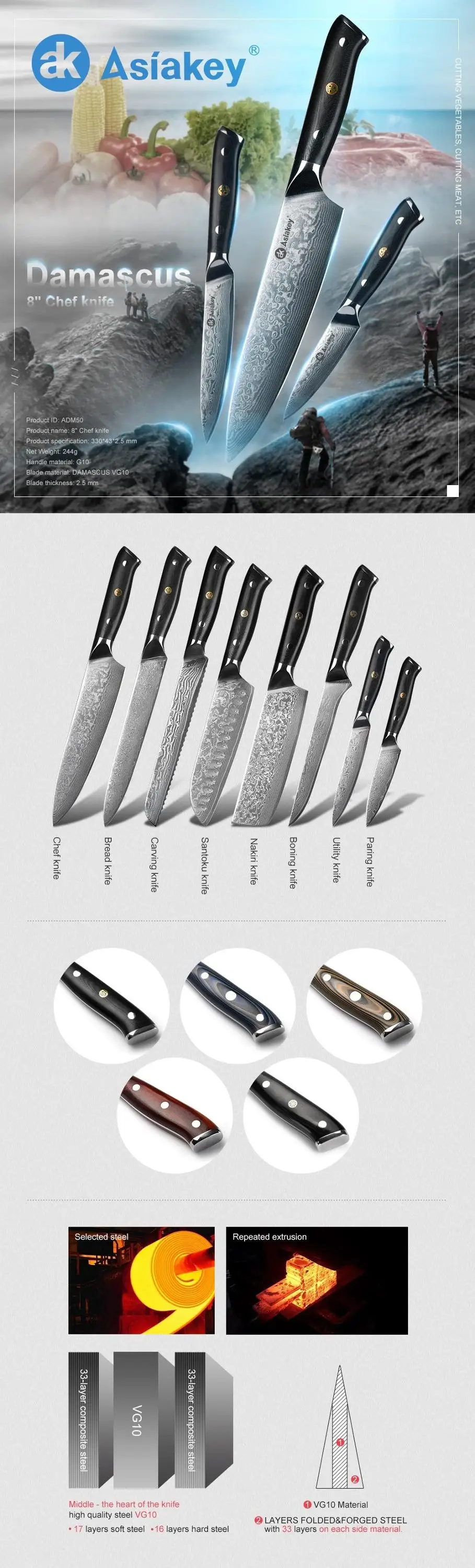 5pcs Damascus Kitchen Knife Set G10 Handle With Knife Block