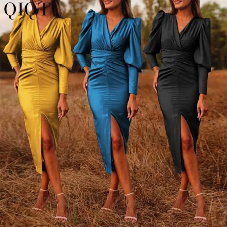 

Hot Selling Spring Summer V Neck Elegant Slim Evening Dress Luxury Silk Slit Long Dress Women