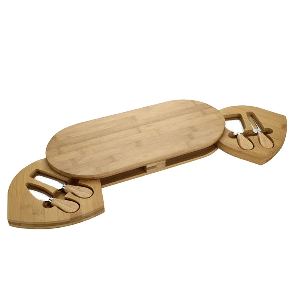 

hot selling carbonized bamboo wood cheese cutting board set with 2 cutlery drawers, Natural