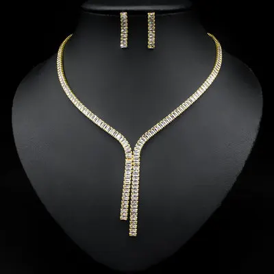 

Korean Simple Wedding Jewelry Set Shiny Square Crystal Necklace Set Bling Bling Square CZ Chain Necklace Earrings Set For Women