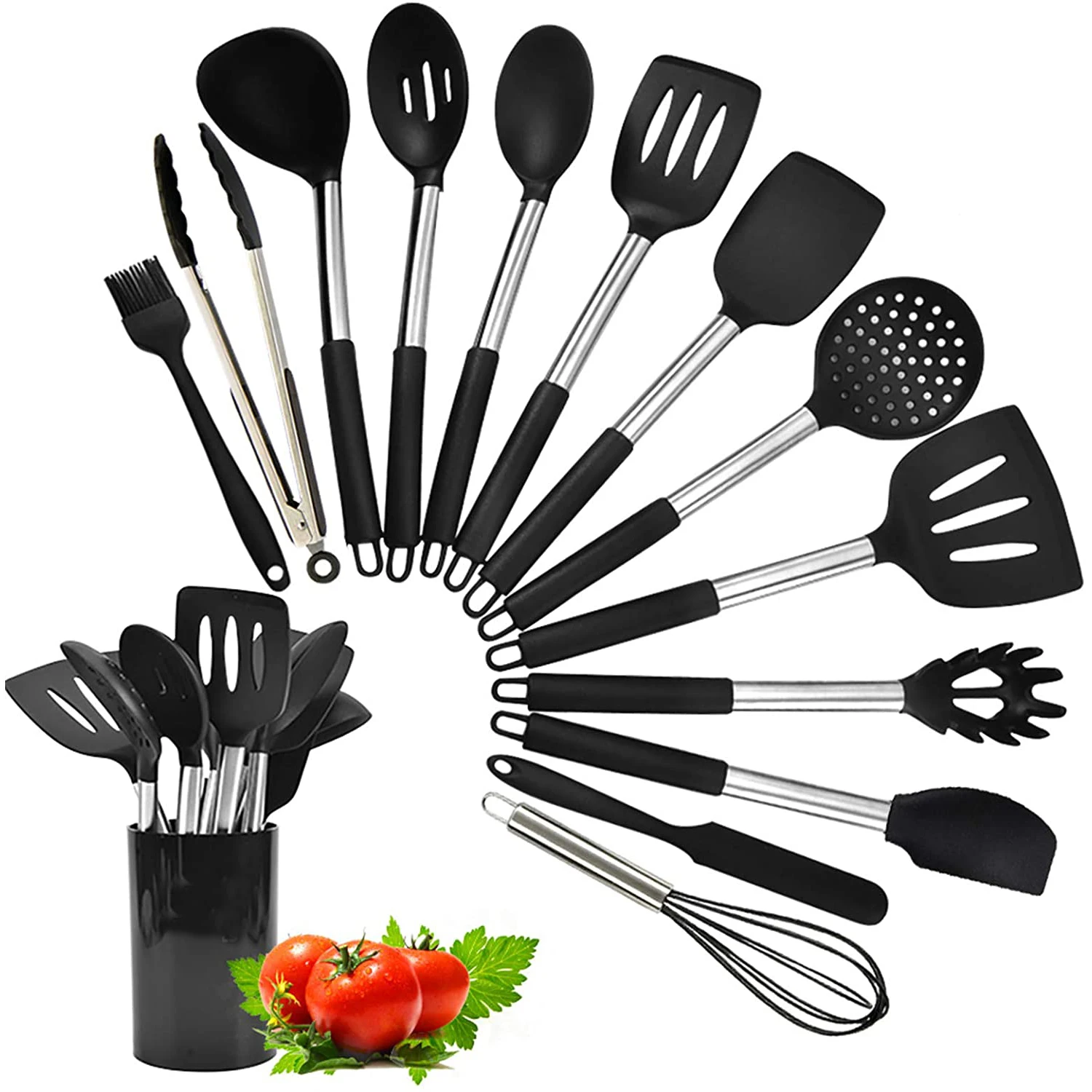 

Wholesale Heat Resistant Cooking Baking Tools Accessories Reusable 14Pcs Stainless Steel Silicone Kitchen Utensil Set, Red,black,gray,customizable