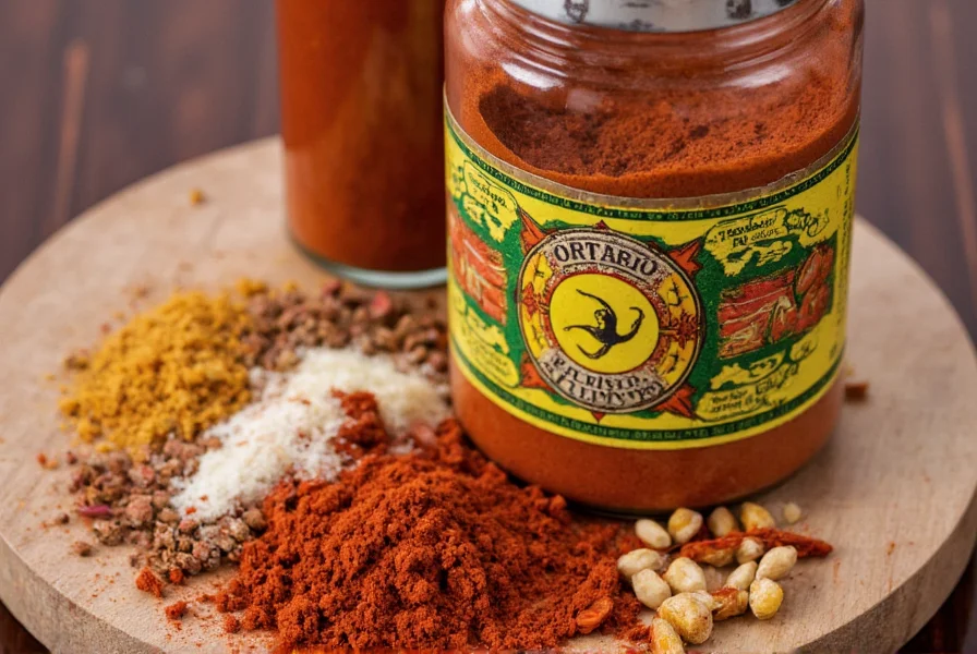 Ortega chili powder container next to traditional Mexican ingredients like cumin, garlic, and dried chilies