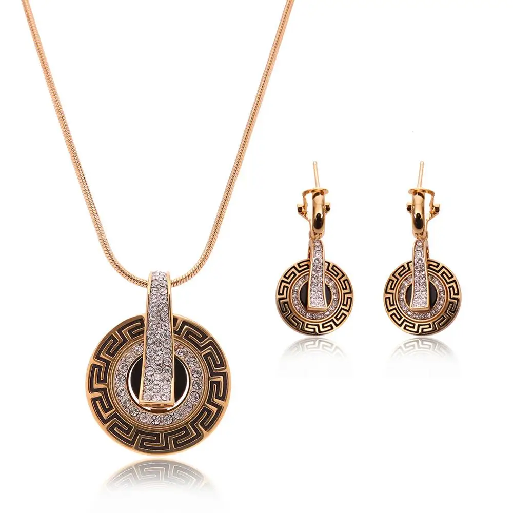 

Classic Vintage Design Micro Paved Crystal Round Necklace Earrings Set Women Crystal Jewelry Set