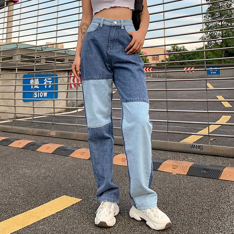 

ShiYu 2021 Womens Vintage High Waist Boyfriends Baggy Denim Jeans Streetwear Patchwork Straight Jeans