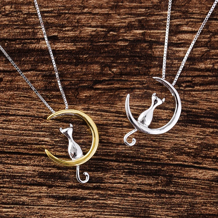 Wholesale New Fashion 925 Silver Link Chain Necklace Moon Cat Design Rhodium Plated for Women-for Wedding or Gift