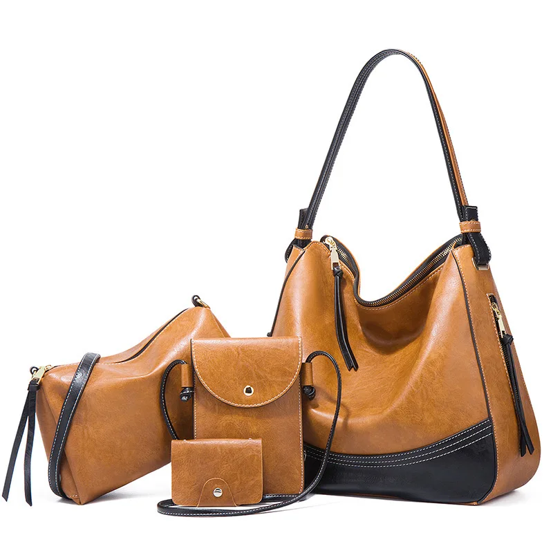 

2021 Simple fashion trend large capacity 4 piece set bucket shape woman hand bags leather purse