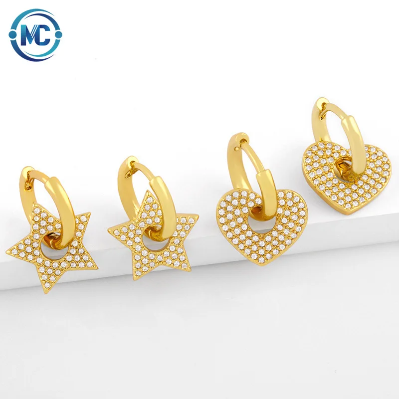 

2021 Dainty Zircon Gold Plated Earrings Women Statement Geometric Earring Jewelry Heart Star Circle Hoop Earrings, As the picture