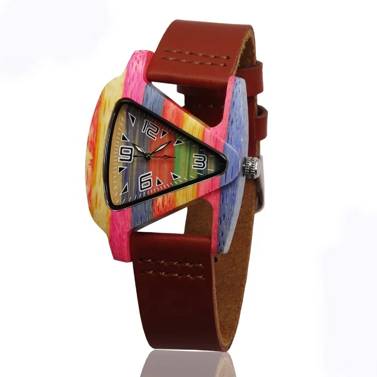 

Colorful Charm Wooden Watches For Women Fashion Triangle Genuine Leather Analog Quartz Wrist Watch