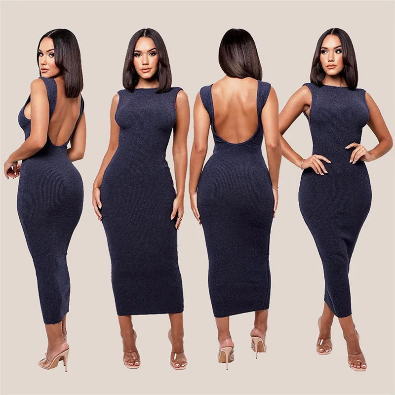 

Elegant Slim Knit Midi Dress With Bodycon Buttocks Slim Dress sexy Sleeveless O-neck Backless Skinny Party Dress For Women