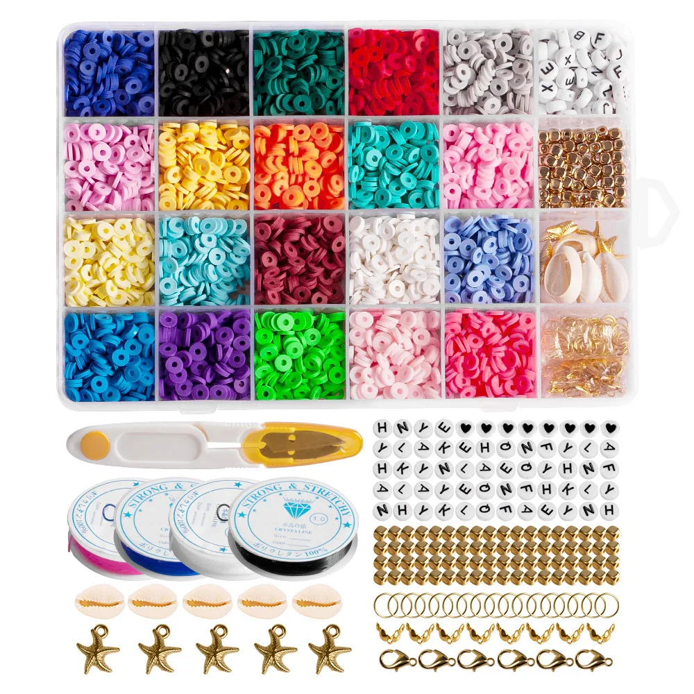 

Polymer Clay Beads 6mm 4000pcs 20 Colors Flat Round heishi Clay beads bulk DIY slice hand string Kit 4 Roll Elastic Strings