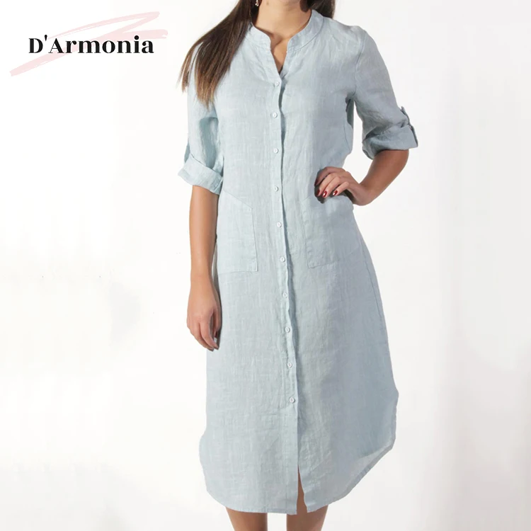 Latest Half Sleeve Linen Dress From Italy Silm Solid Color Dress For