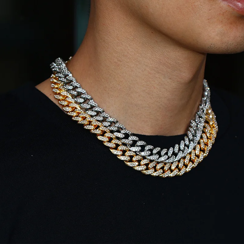 

Iced Out Hiphop Cuban link Real Heavy Copper 18k Gold Plated One Row Diamond 9mm Cuban Chain Necklace for Sale, Gold/silver/rose gold