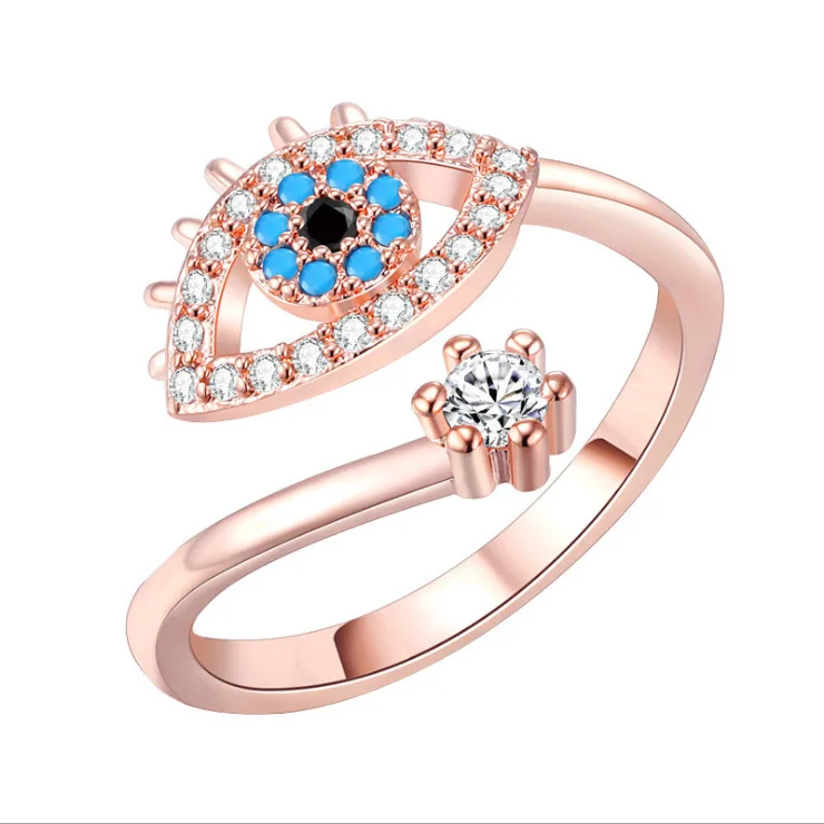 

Selling Personalized Rose Gold Plating Devil Eyes Ring Open Adjustable Inlay Crystal Blue Eyes Finger Ring