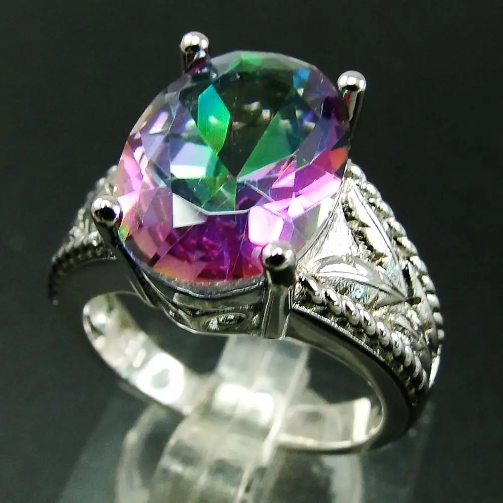 

Unique Sterling Silver Wedding Jewelry Oval 10*14mm Multi Color Rainbow Fire Mystic Topaz Engagement Ring