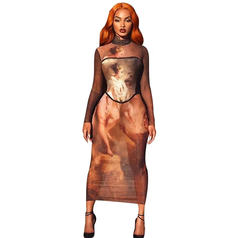 

2020 Fashion Two Piece Printed Long Sleeve Corset Dress Women