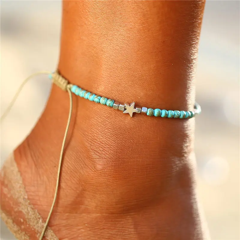 

Wholsale Bohemian Resin Star Beads Stone Turquoise Foot Jewelry Beach Woven Rope Anklets Braided Ankle Bracelet for Women, Siver,steel corol, gold, rose gold,customized