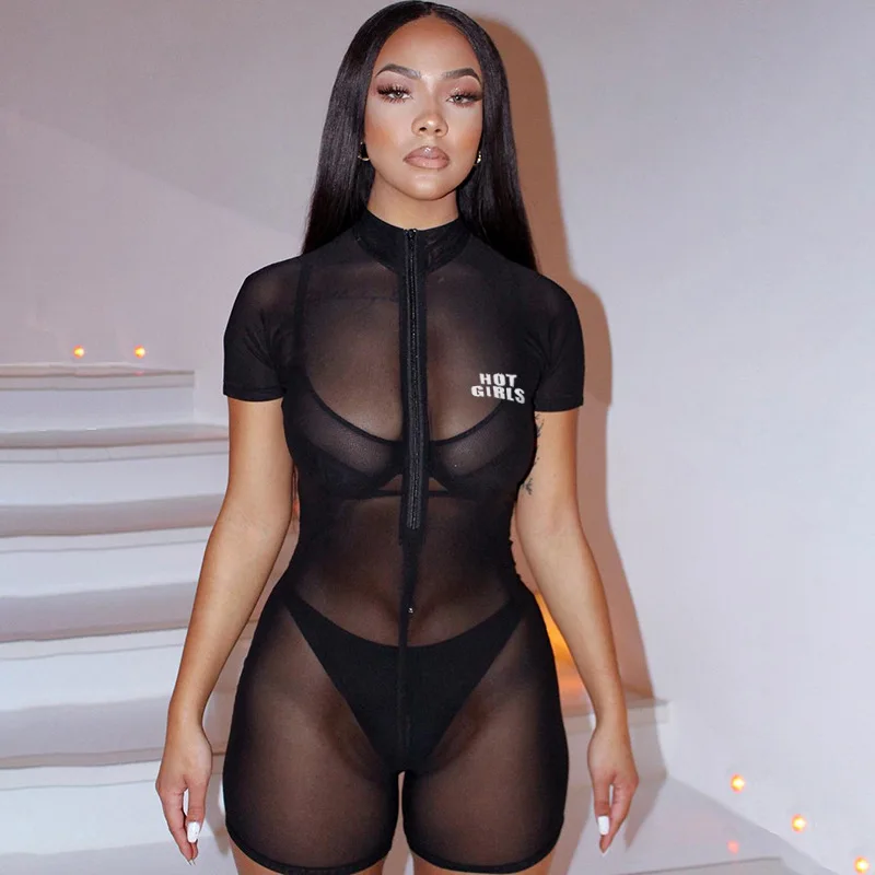 

Hot sale clothing sexy club wear body-con mesh transparent mesh ladies jumpsuit one pieces women jumpsuit