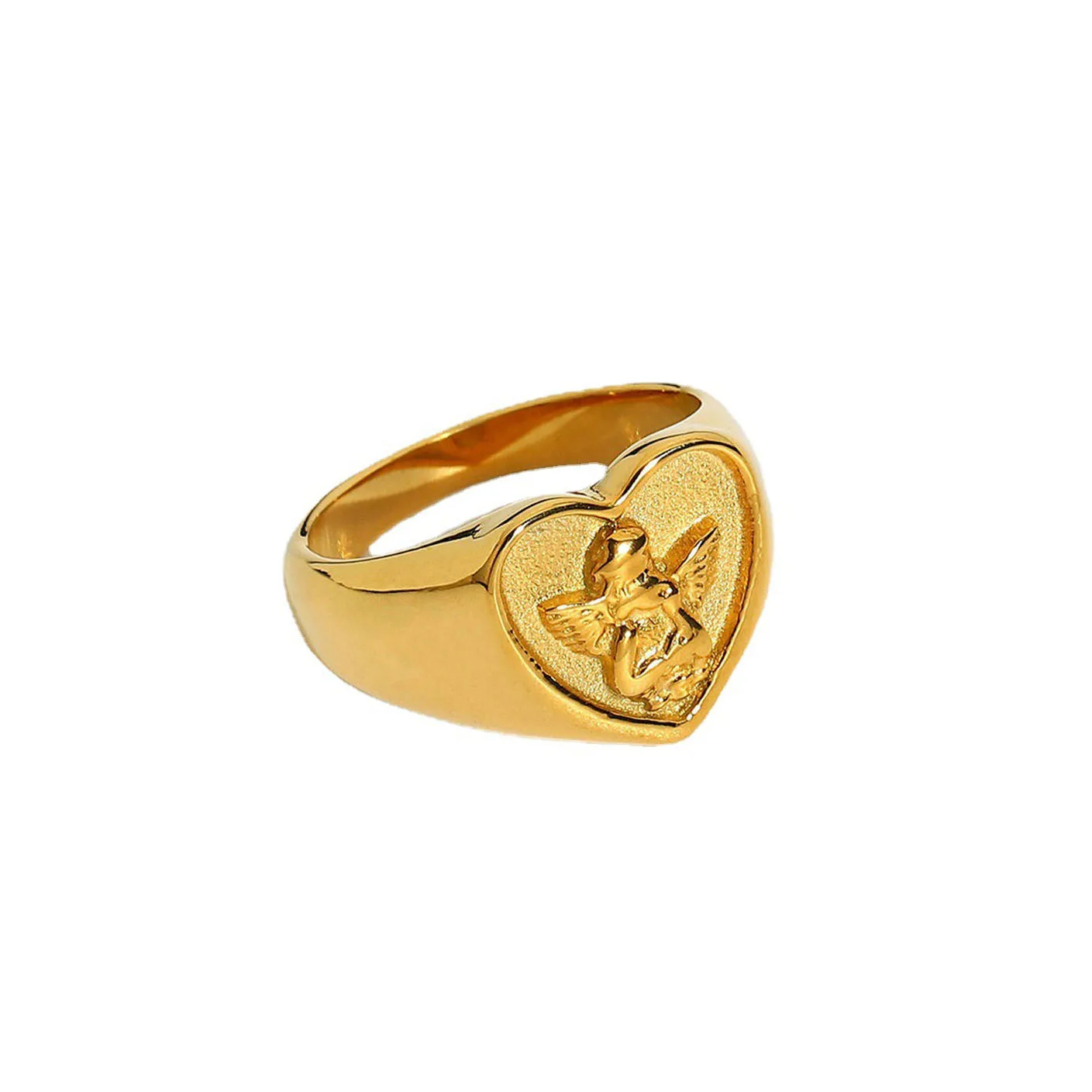 

Women INS Jewelry 18K Gold Plated Stainless Steel Cupid Proposal Masonic Ring Heart Ring Angel Signet Ring
