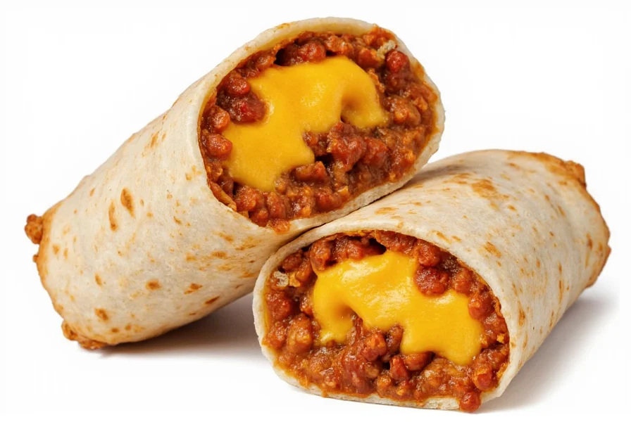 Sonic chili cheese wrap cut in half showing melted cheese and chili filling inside soft tortilla