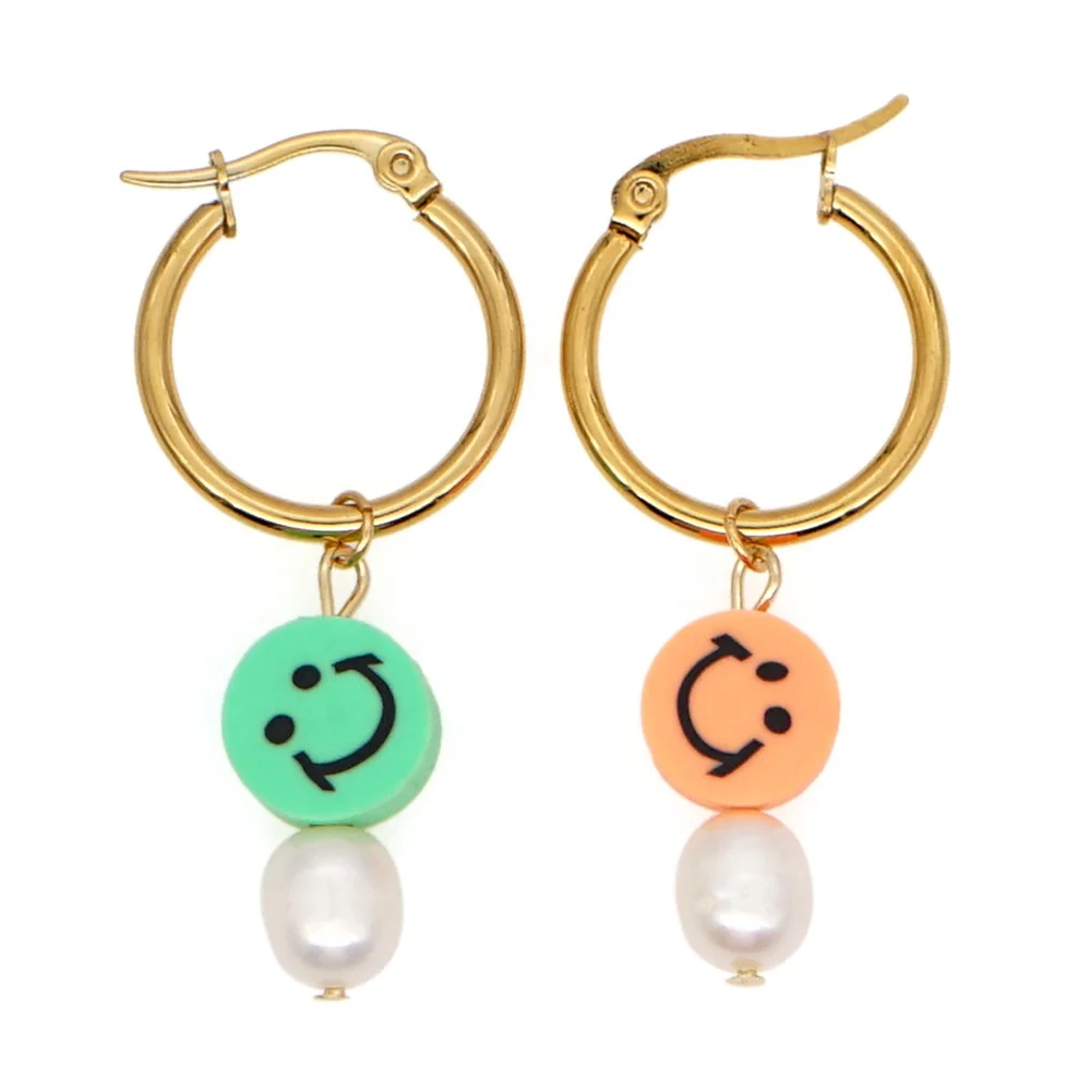 

Wholesale cheap fashion clay ceramic smile happy face pearl earrings for women, Colorful