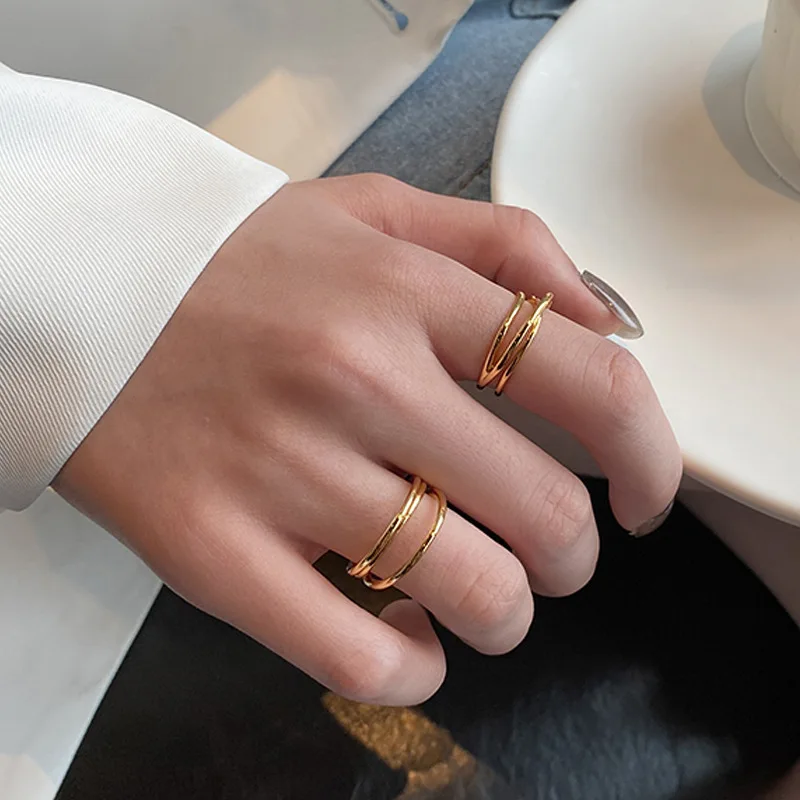 

European Fashion Jewelry Gold Plated Geometric Hollow Hip Hop Ring Trendy S925 Silver Statement Open Ring for Women