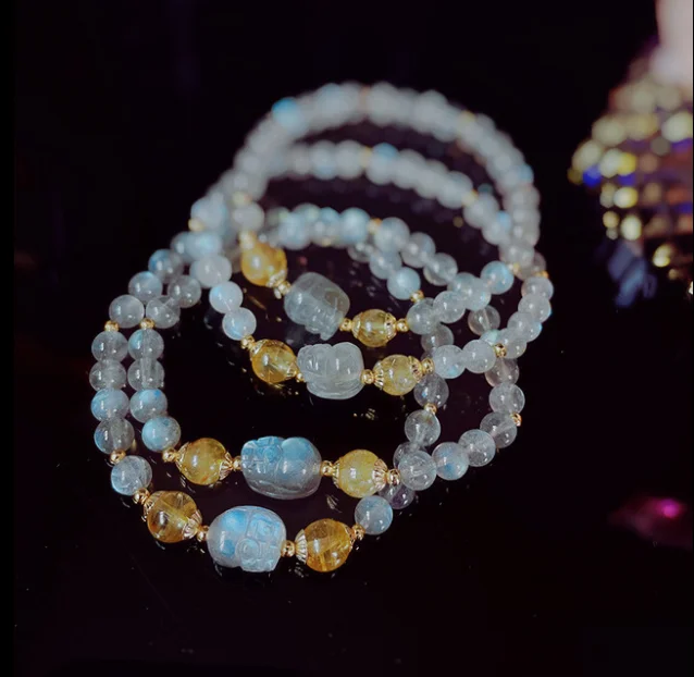 

Natural Moonstone Gold Rutilated Quartz Healing Crystal Quartz String Beads Fengshui Pixiu Charm Bracelets For Women Girls, Blue