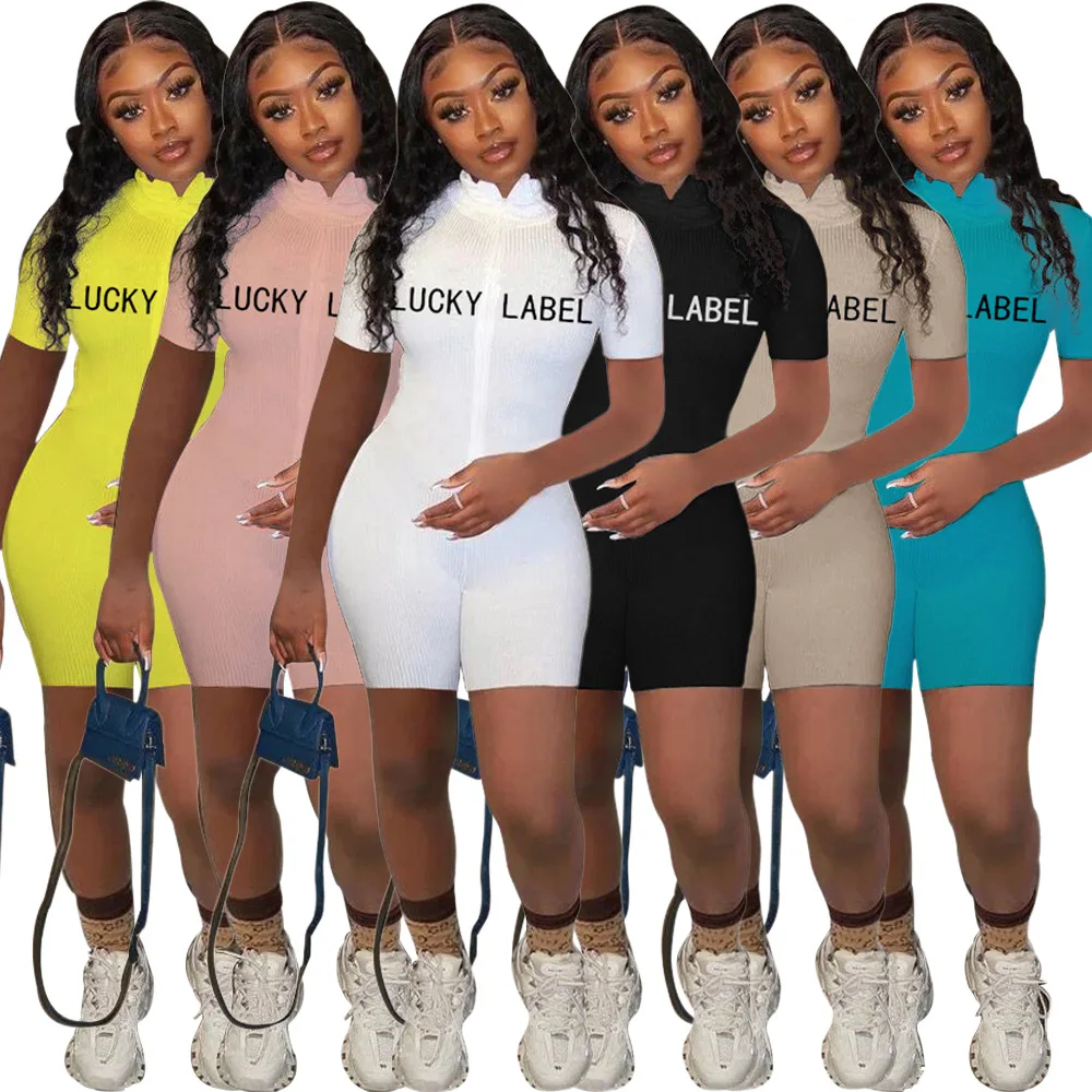 

xs size Nightclub women's tight turtleneck embroidered letter zipper short sleeve jumpsuit