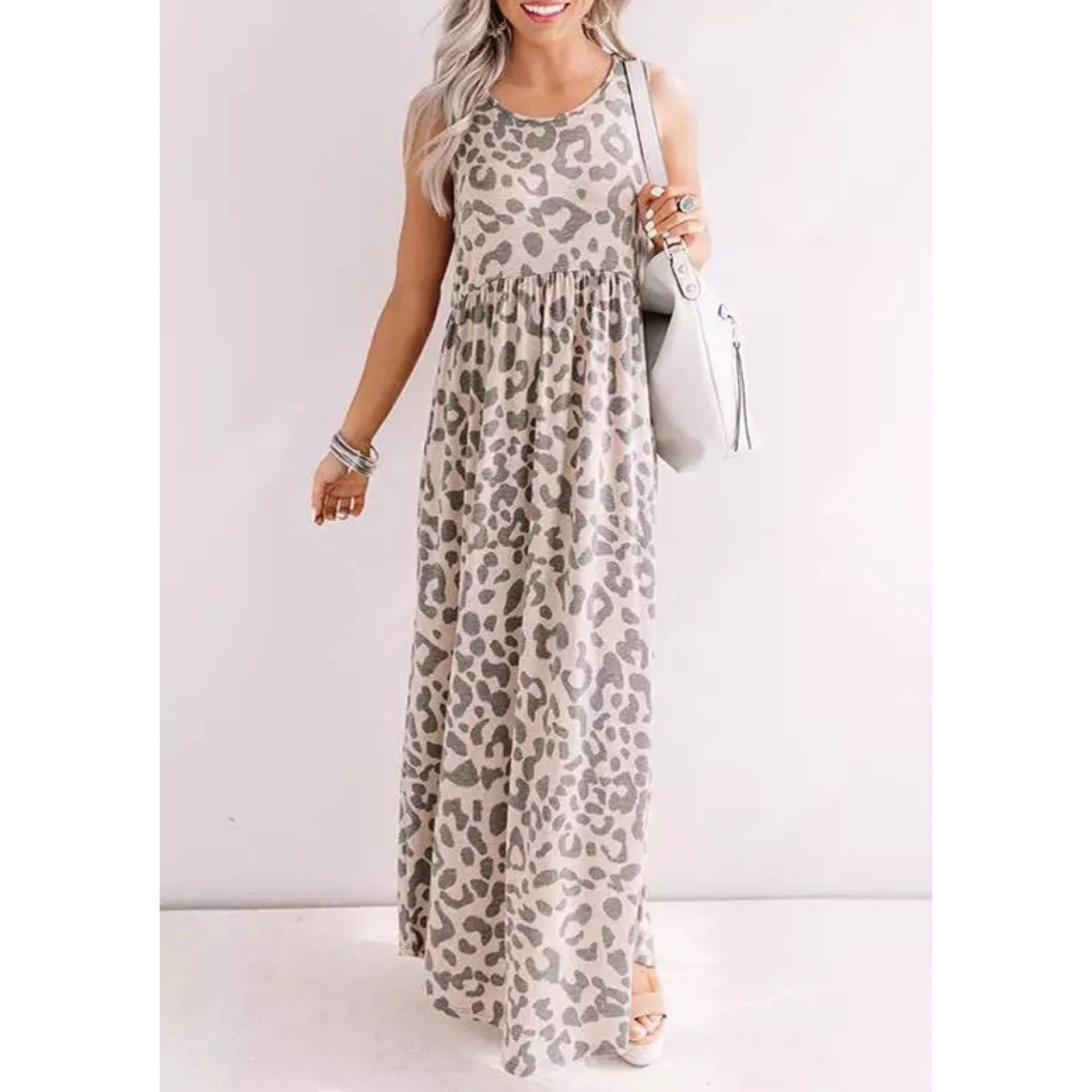 

Free Shipping T226 Wholesale Plus Sizes Dress Leopard Print Dress Women Sleeveless Maxi Dress With Pockets