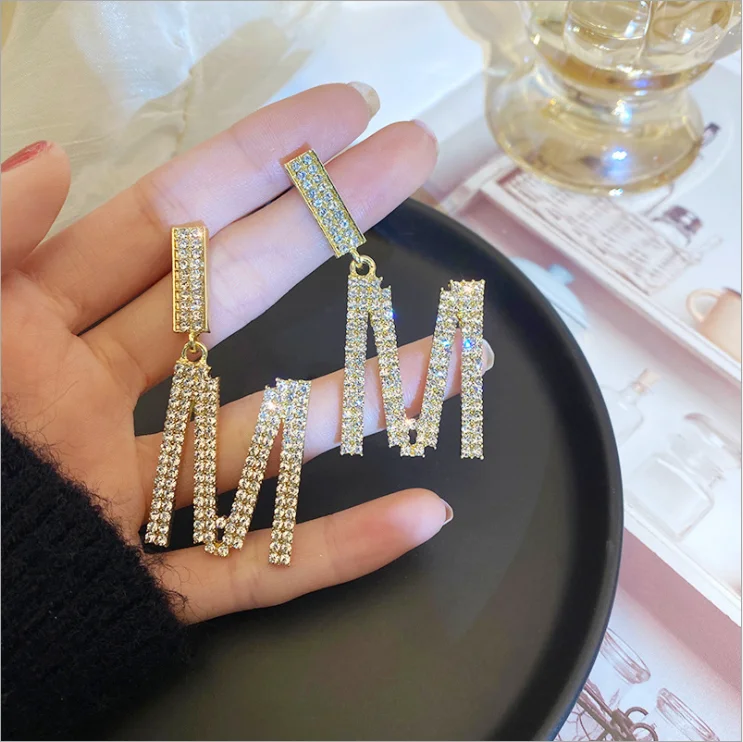

Trend Fashion Letter M Diamond Full Rhinestone Earrings Women European and American Bling Party Earrings, Gold/silver
