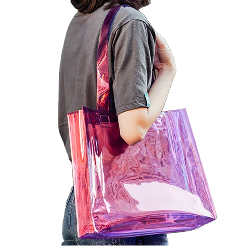 

Custom Logo Laser Transparent Cosmetic Packaging Tote Bag Pvc Shopping Plastic Gift Bag Iridescent Holographic Beach Bag, Transparentl