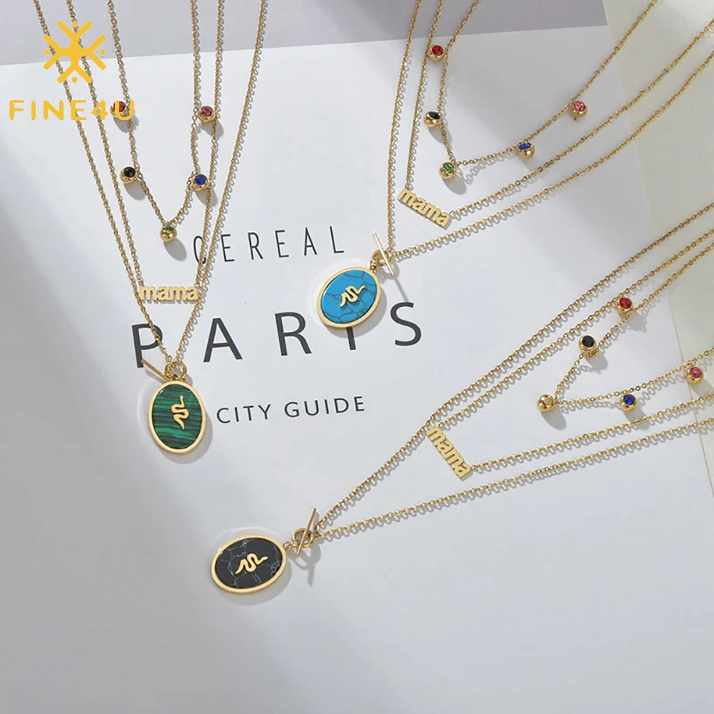 

Mother days 2021 jewelry gift fancy diamond Western jewelry turquoise stainless steel multi layer gold plated mama necklace, Gold+green/navy blue/black