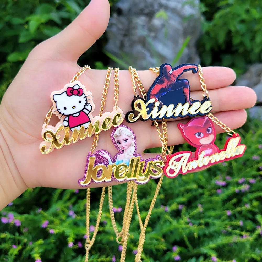 

Personalised Kids Nameplate Jewelry Custom Any Cartoon Character Name Necklaces acrylic laser Letter Necklaces Pendants