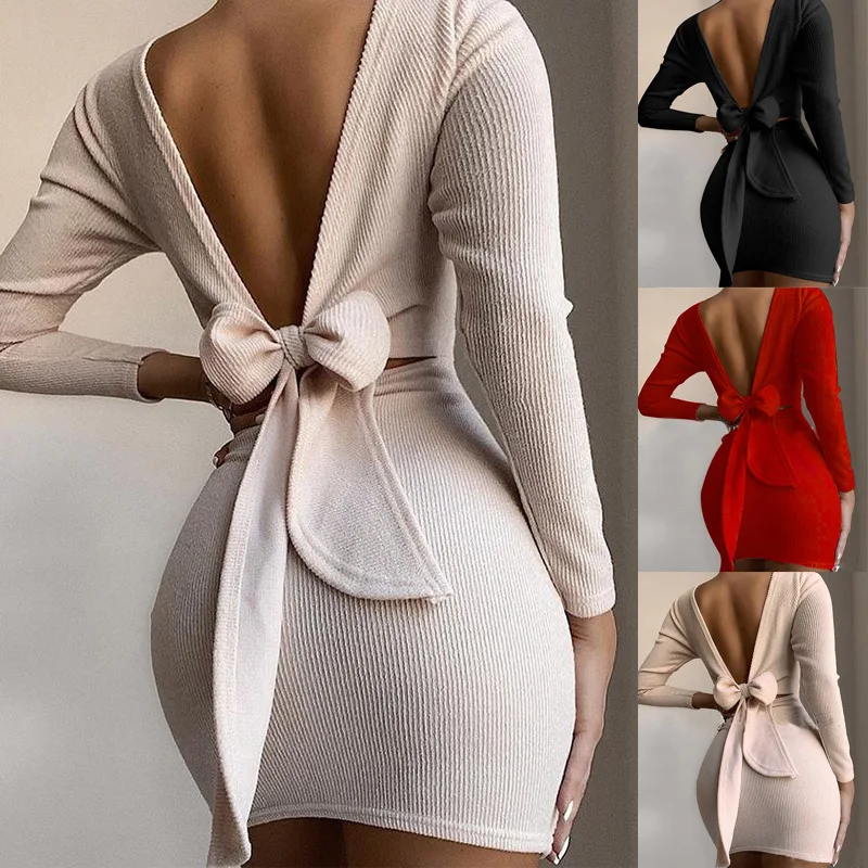 

hot sale women's elegant drawstring pleated long sleeve bow halter new sexy bodycon night club mini skinny party dress