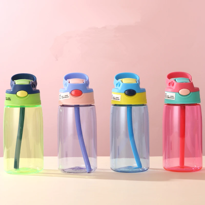 

Logo Customized Children School Drinking Juice Cute Water Bottle Portable Plastic Cup With Straw, Blue/red/green/purple