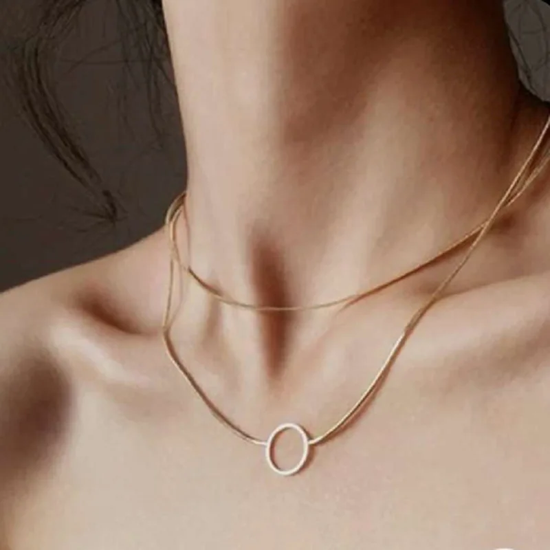 

18K Simple Circle 2 Layers Stainless Steel Necklace Dainty Choker Necklace, Rose gold